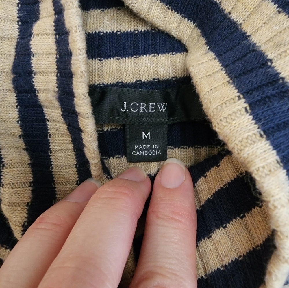 J Crew size M navy and tan stripes lightweight turtle nick Top - Picture 3 of 5